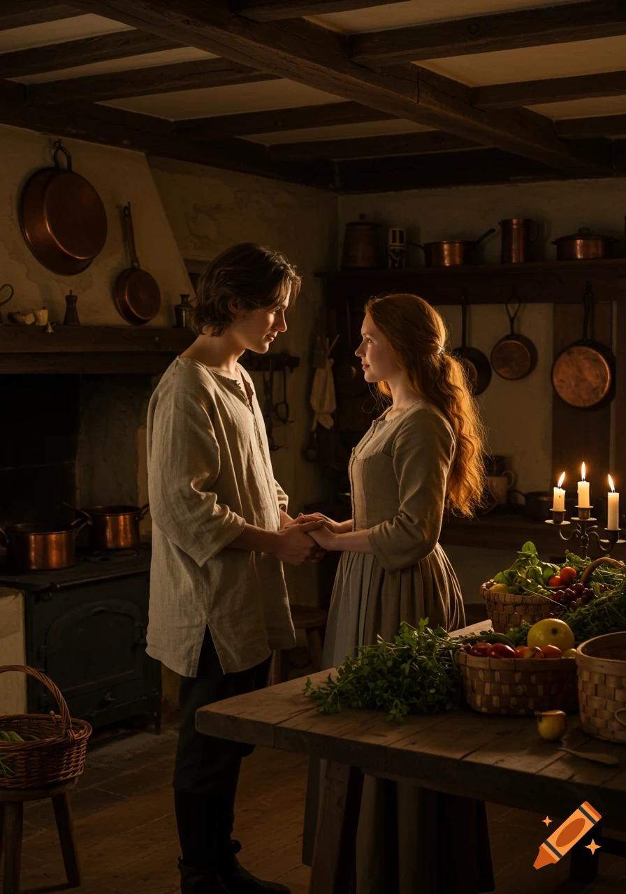 A man and a woman in 16th-century attire hold hands in a dimly lit, rustic kitchen with candles and fresh produce.