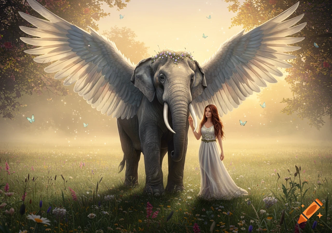 A majestic winged elephant with a flower crown stands next to a woman in a white gown in a magical, sunlit meadow.