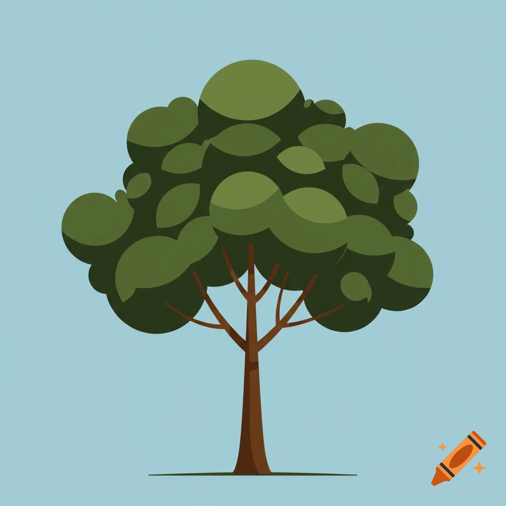 A stylized flat illustration of a green-leafed tree with a brown trunk against a light blue background.