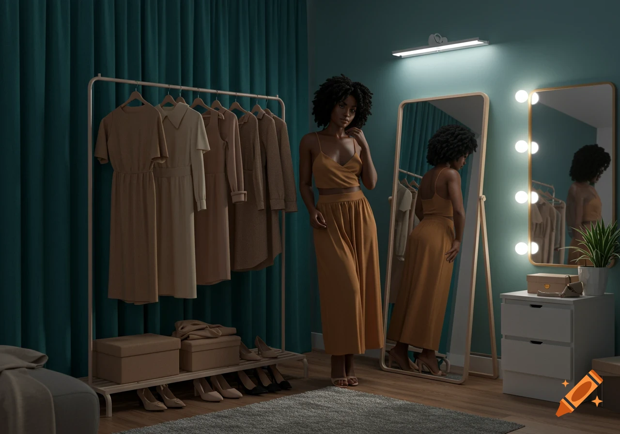 A Black woman in a gold two-piece outfit poses in a chic dressing room with a clothing rack and lighted mirrors.