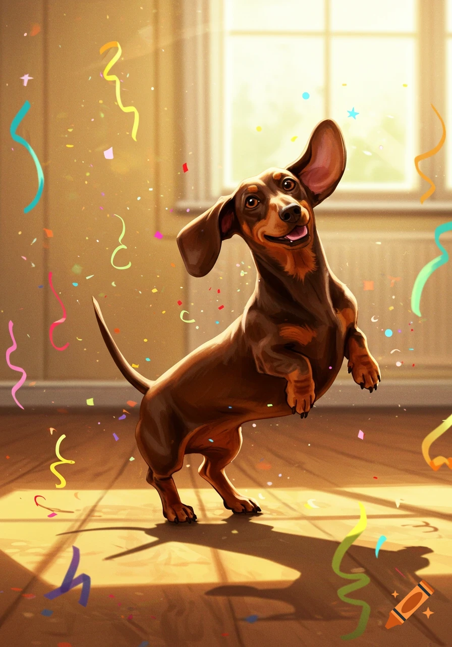 A happy, illustrated brown dachshund dog jumps and dances indoors with colorful confetti falling around it and sunlight from a window.