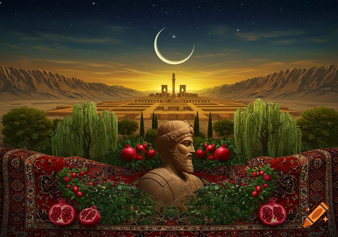 Ancient bust with pomegranates and Persian rug overlooking a vast desert landscape with an ancient city under a crescent moon and starry sky.