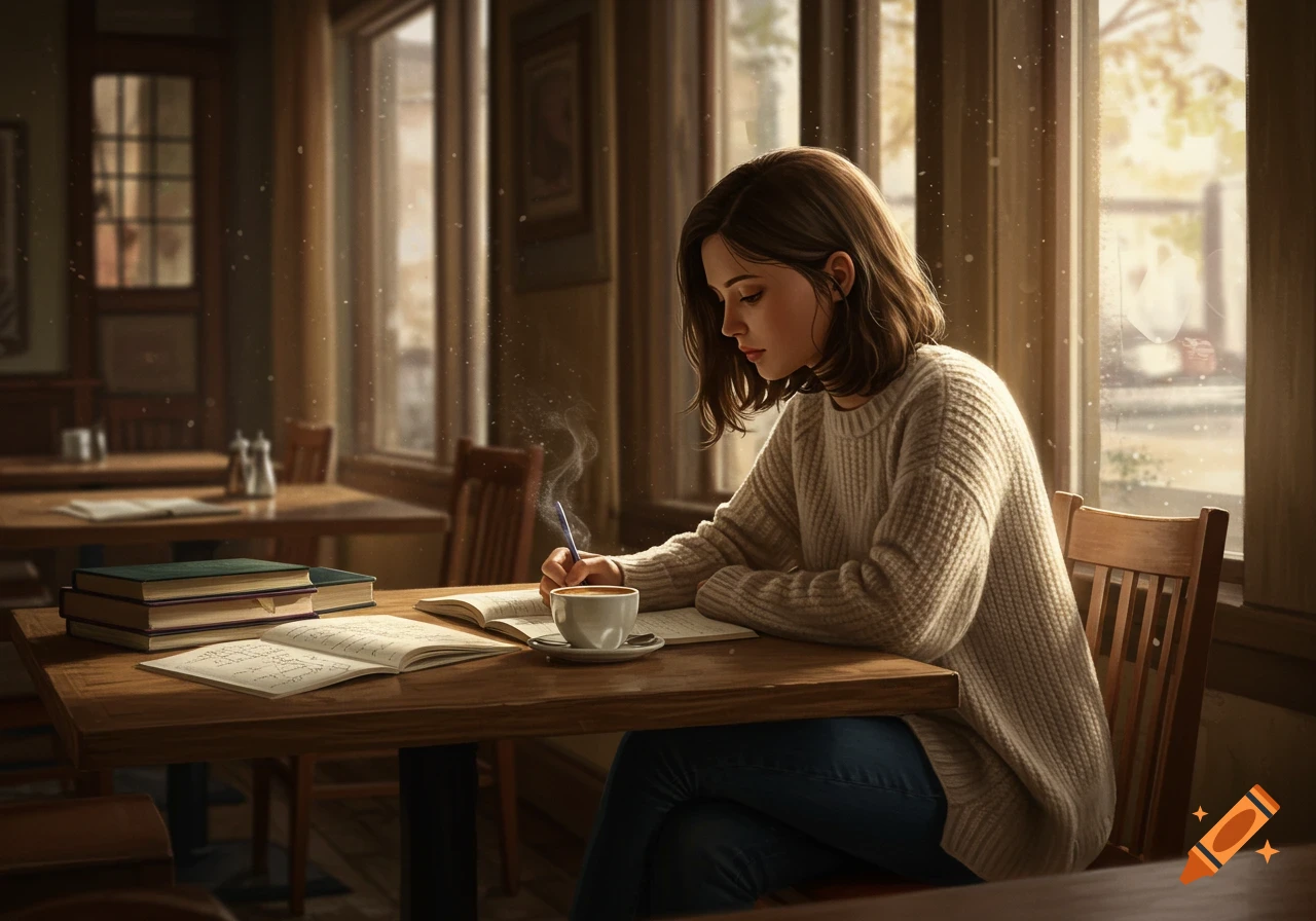 A young woman with brown hair sits at a cafe table, writing in an open notebook with a cup of coffee and books nearby, bathed in sunlight.