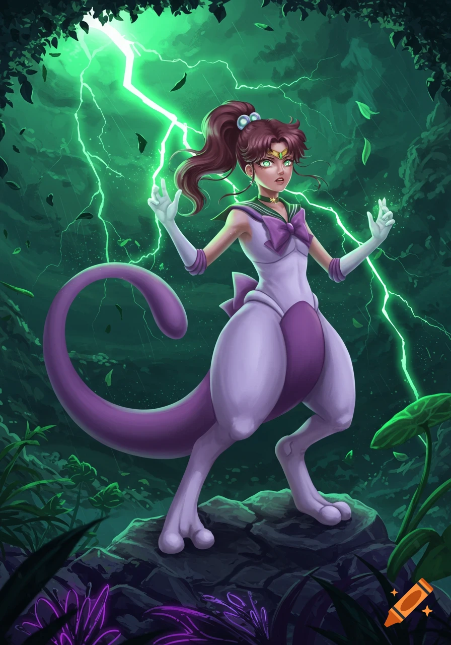 A fusion character, half Sailor Jupiter and half Mewtwo, stands on a rock in a dark jungle with green lightning striking around.