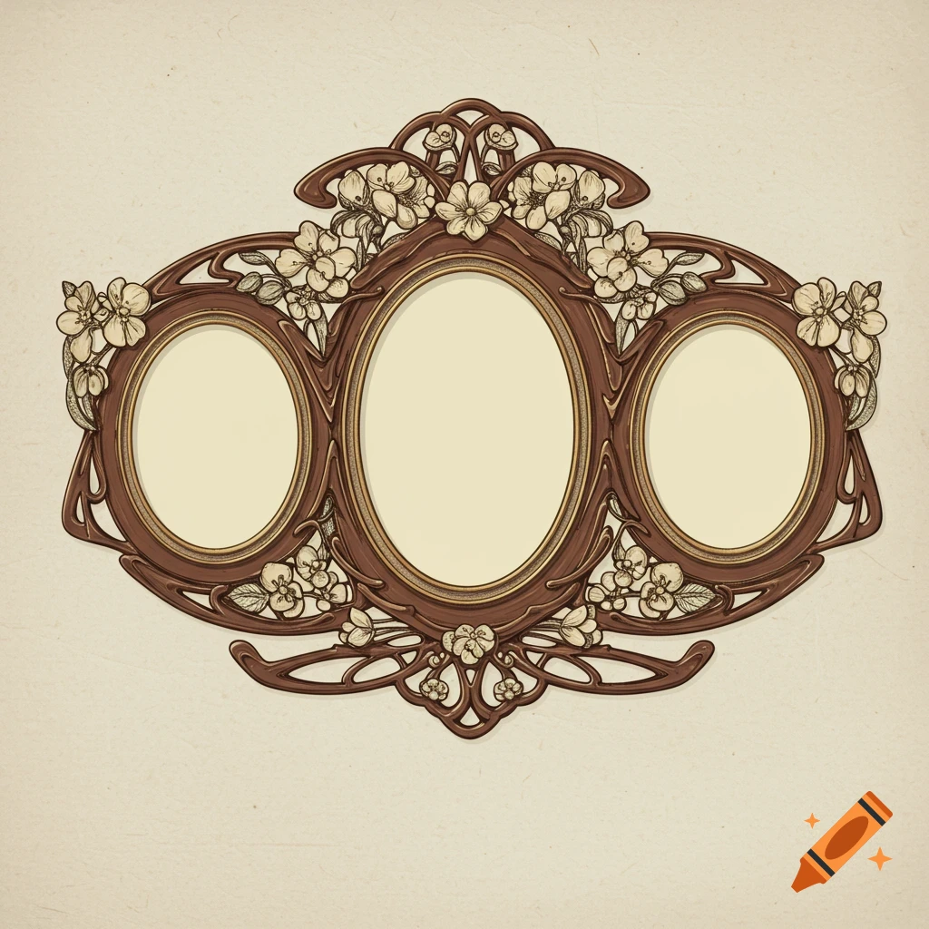 Ornate Art Nouveau drawing of a triple photo frame with floral and swirling organic motifs on a textured background.