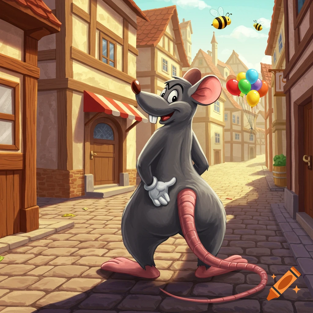A funny cartoon rat on a cobblestone street, looking back at its tail as balloons float in the sky.