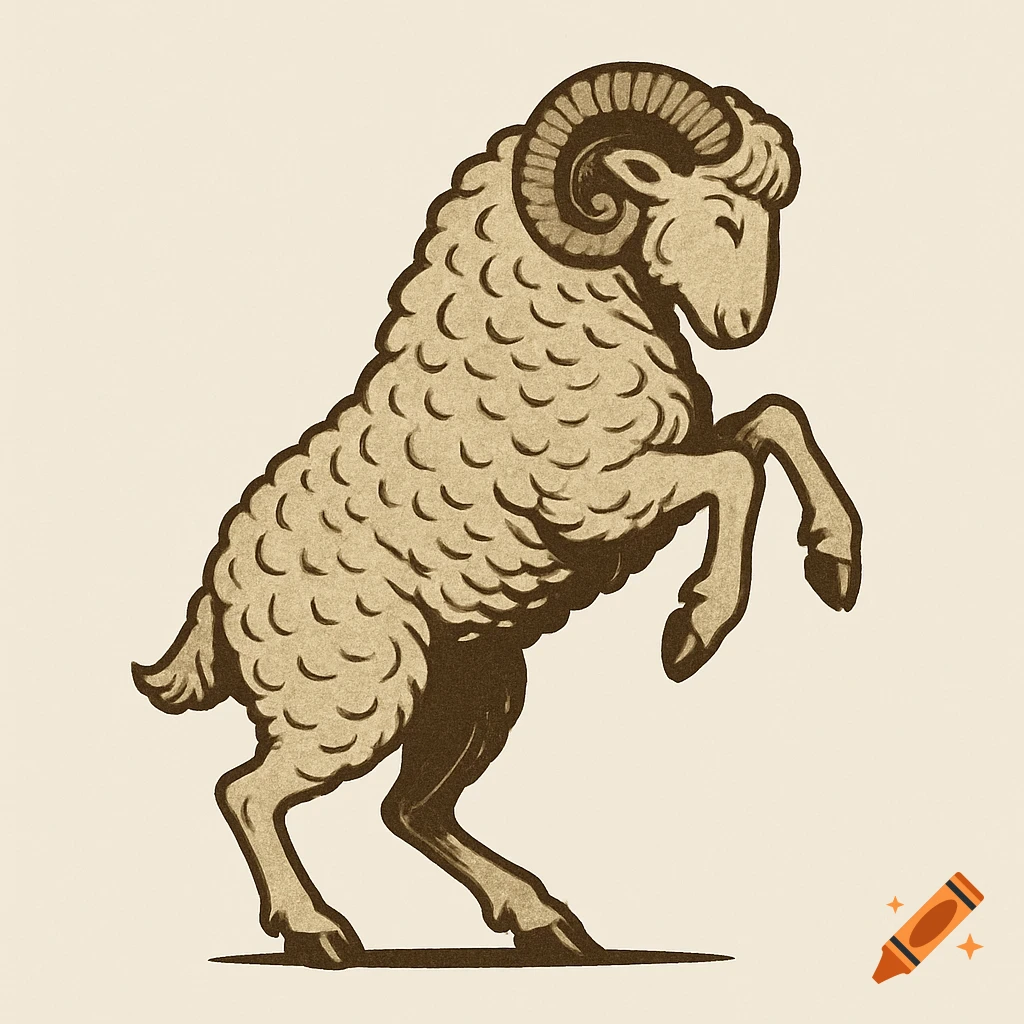 Stylized illustration of a woolly ram rearing up on its hind legs, facing right, against a light background.