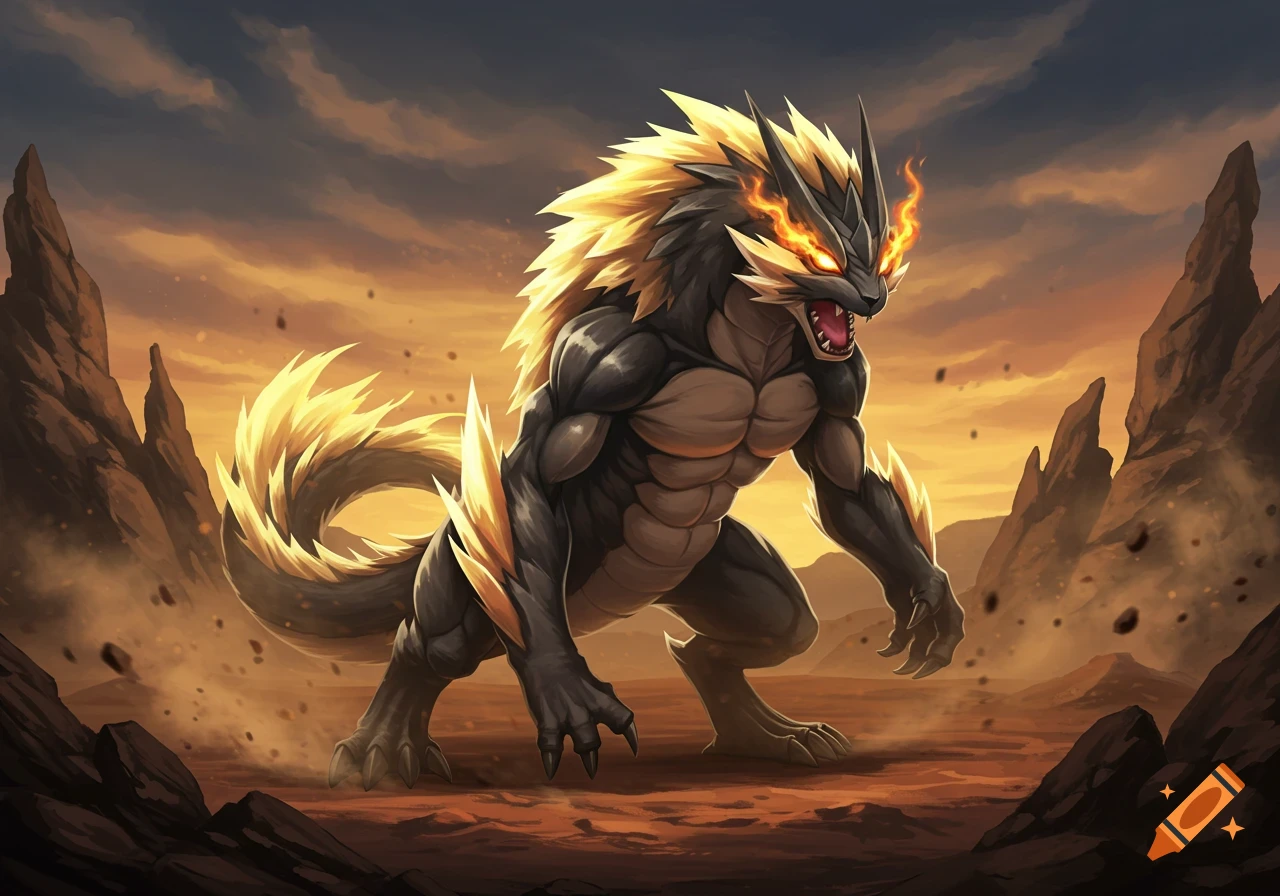 A powerful, spiky monster with glowing orange eyes and golden fur stands in a desolate, rocky landscape under an orange sky.