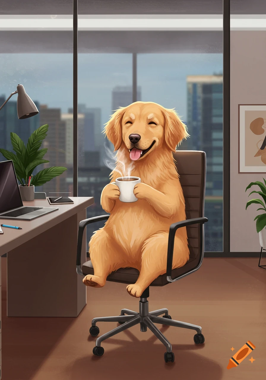 Happy cartoon Golden Retriever sits in an office chair, smiling and sipping coffee with a city view behind.