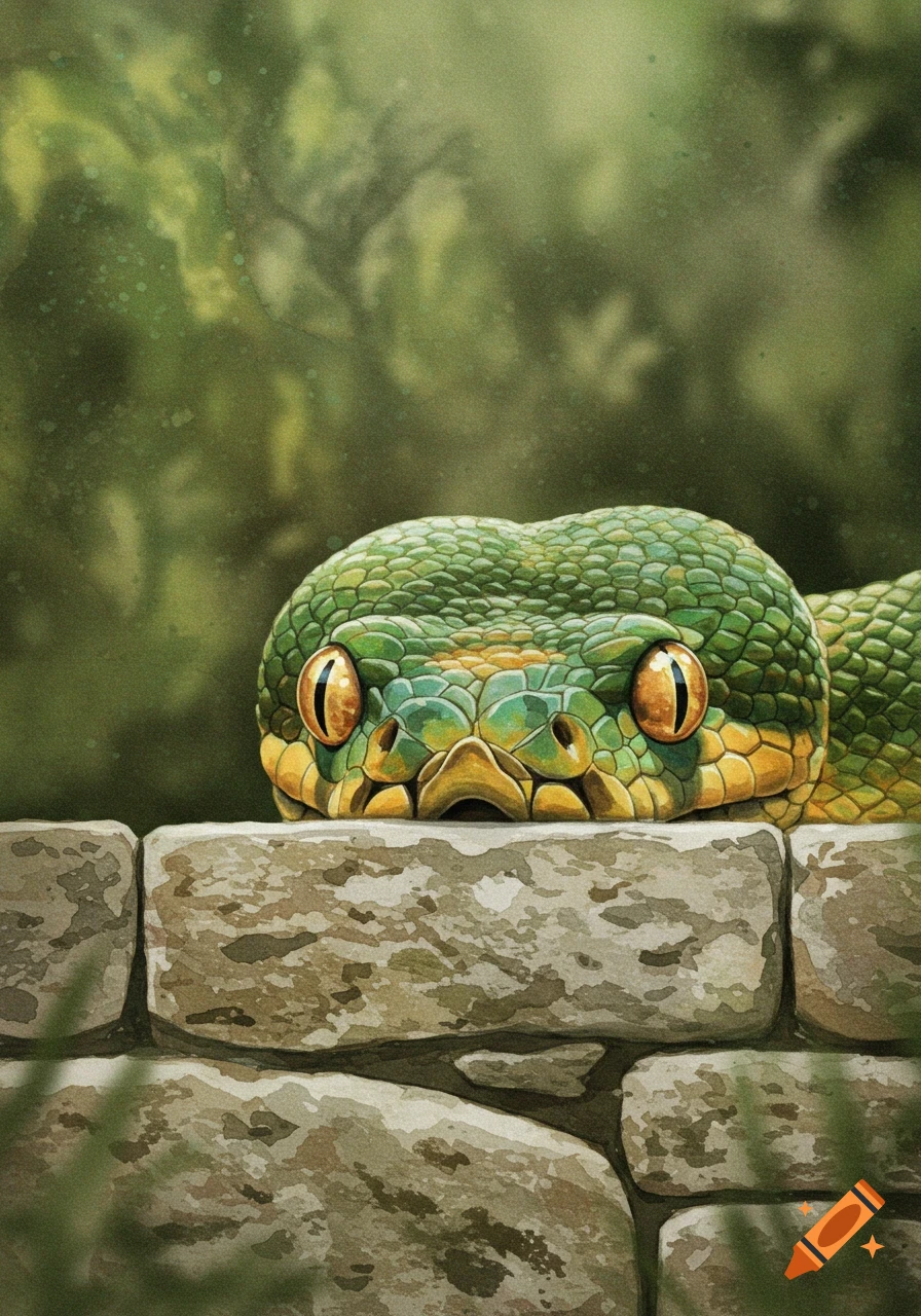 A green and yellow snake with large orange eyes peeking over a stone wall, in a watercolor painting style.