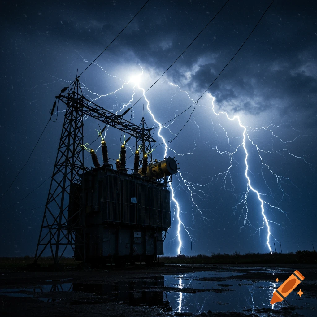 A massive electric transformer and power lines stand against a dark, stormy sky with multiple bright lightning strikes.