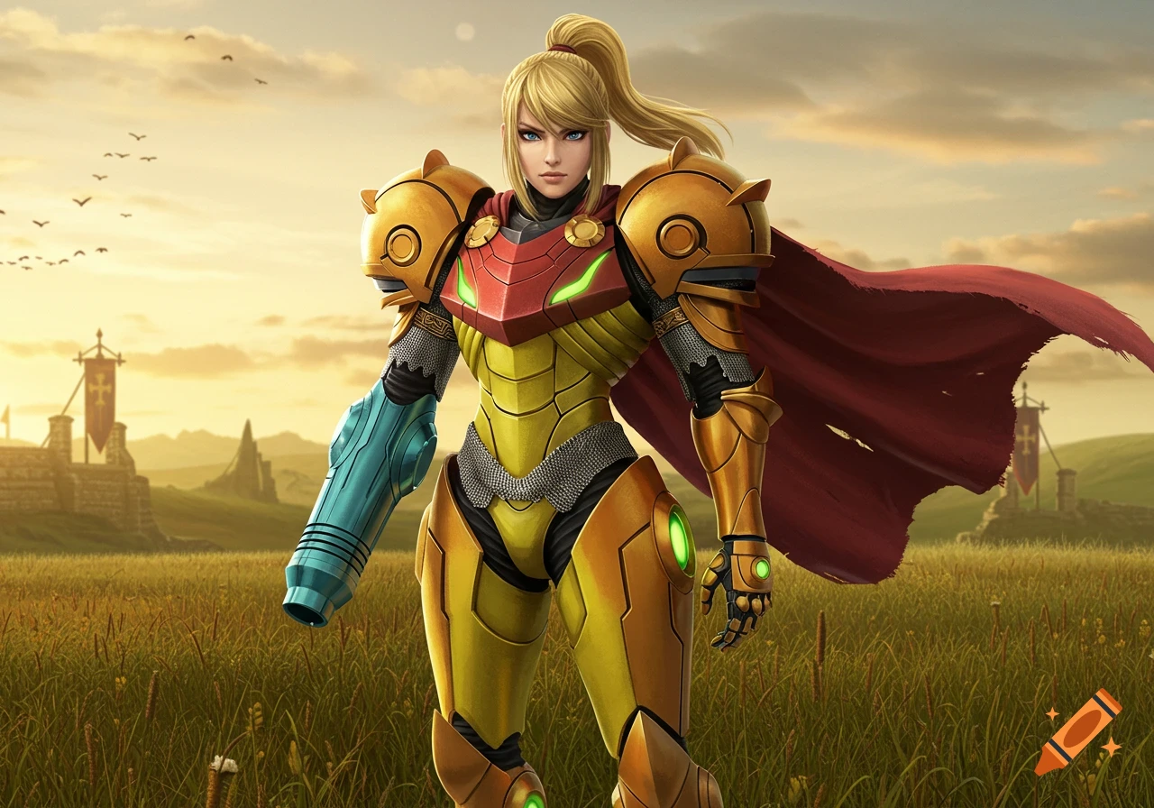Samus Aran in gold and red medieval armor with a red cape, standing in a field with a castle in the background at sunset.