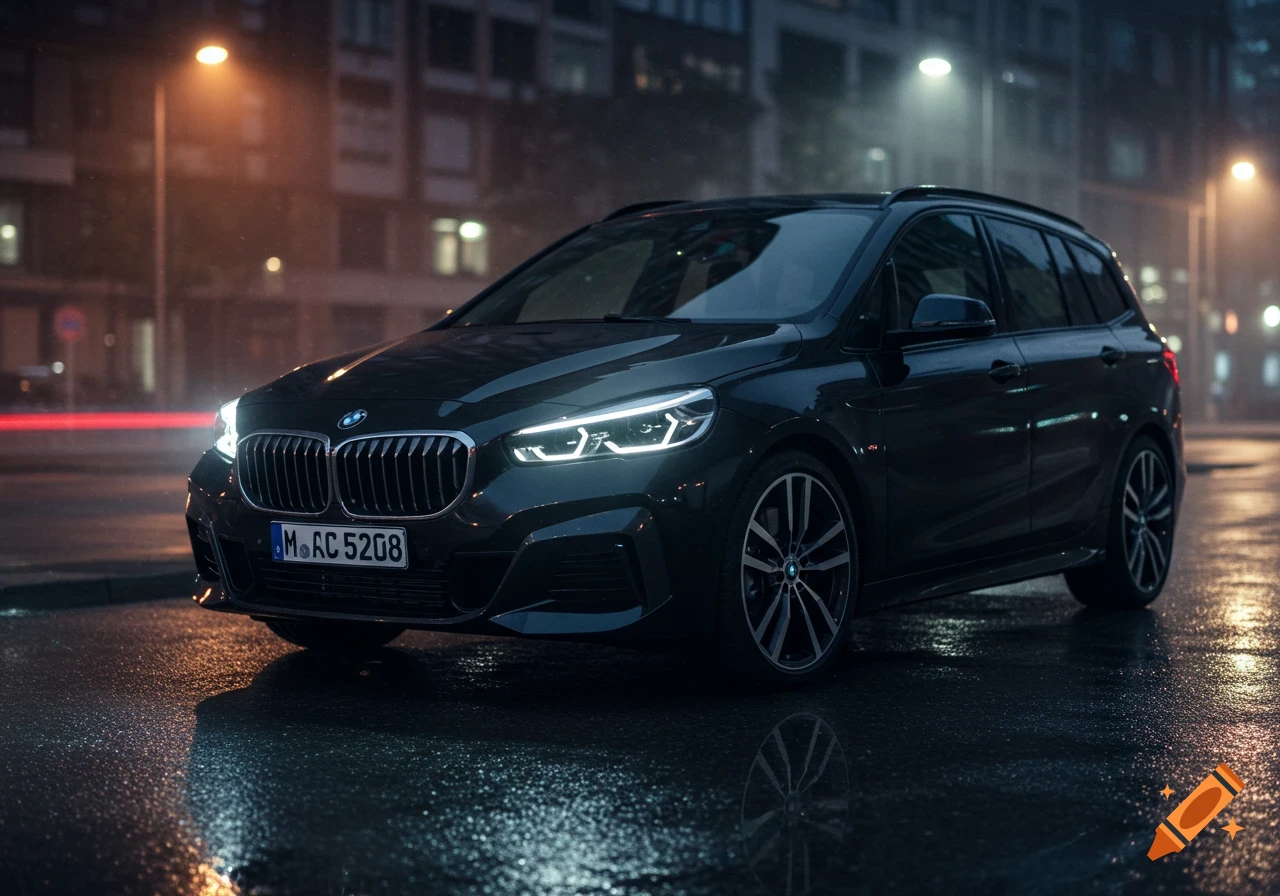 Photorealistic BMW car parked on a wet city street at night, its headlights brightly illuminated.