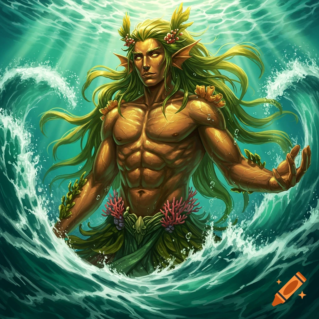 Powerful male water god with bronze skin, golden-green kelp hair, and amber eyes, emerging from ocean waves in an anime art style.