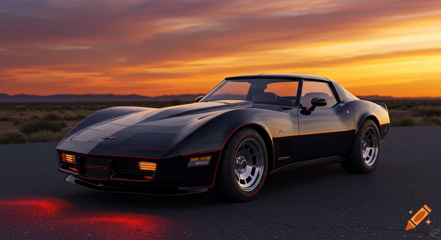 A black 1980 Chevrolet Corvette C3 with red accents is parked on an asphalt road at sunset, with an orange and yellow sky.