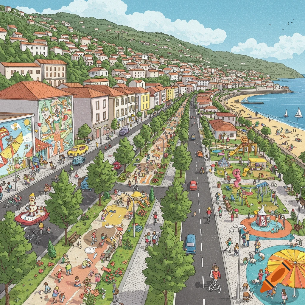 Lively, colorful illustration of a child-friendly coastal city with playgrounds, murals, and people on a long promenade and beach.
