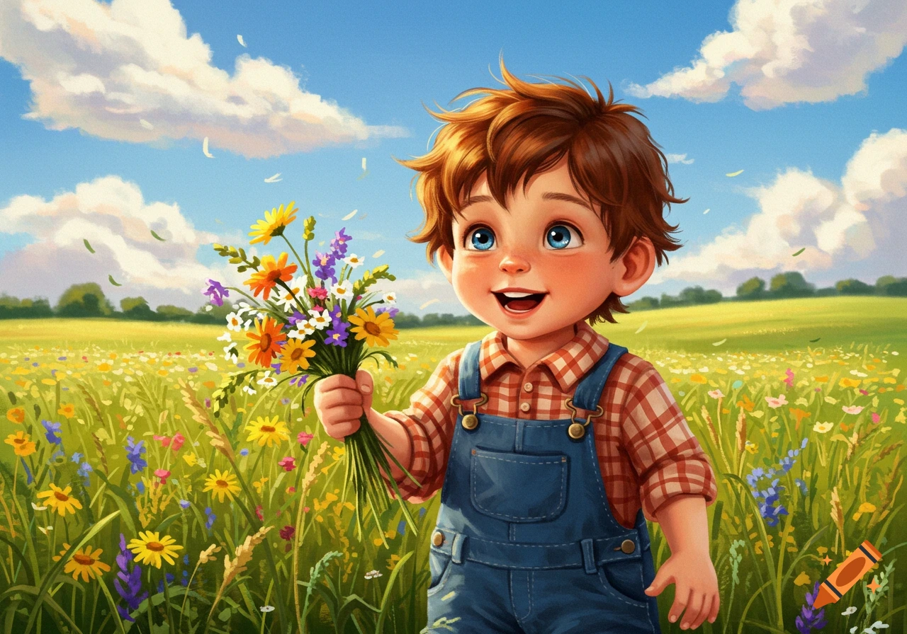 A smiling cartoon boy with red hair and blue eyes holds a bouquet of wildflowers in a sunny field under a blue sky.