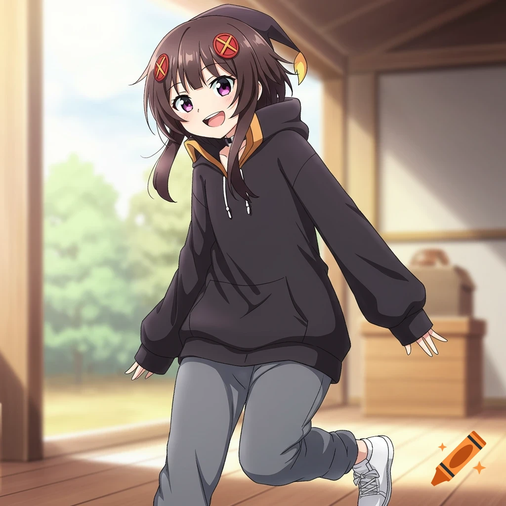 Anime character Megumin smiles and runs indoors, wearing a black hoodie, gray sweatpants, and white sneakers.