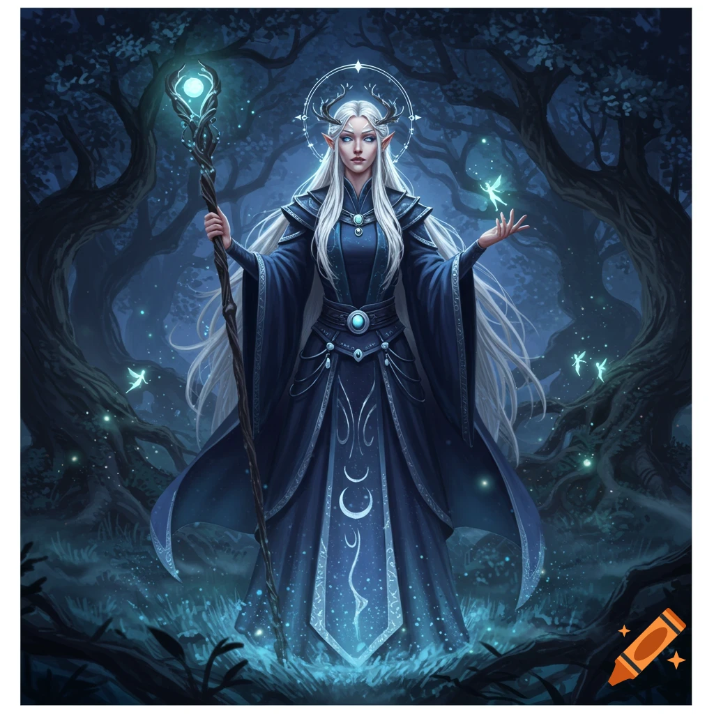 Ethereal elf priestess with white hair and antlers, holding a glowing staff in a dark, mystical forest with fairies. Digital painting.