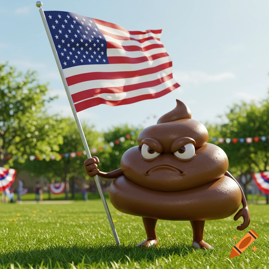 An unhappy 3D rendered poop emoji stands in a park, holding a large American flag.
