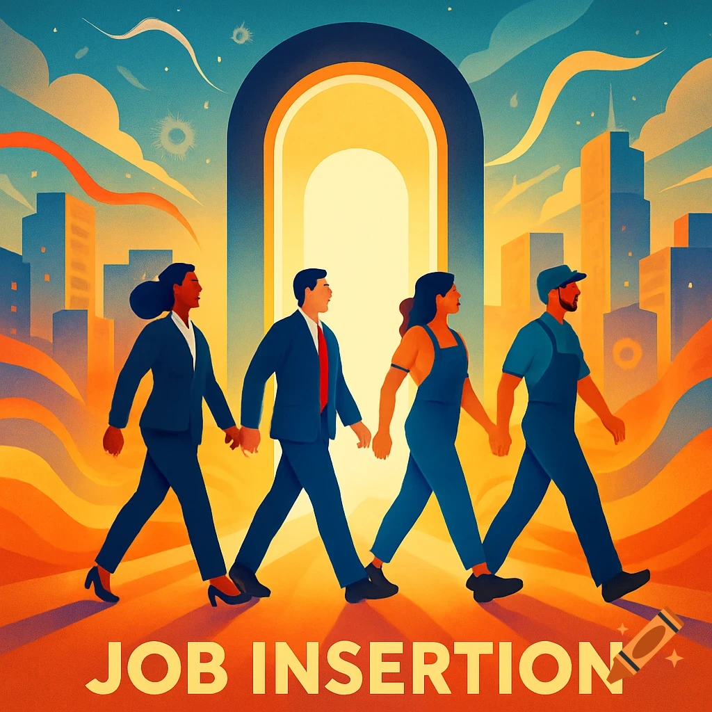 Four diverse individuals in professional and worker attire walk toward a glowing arch in a stylized city, with 'JOB INSERTION' text.