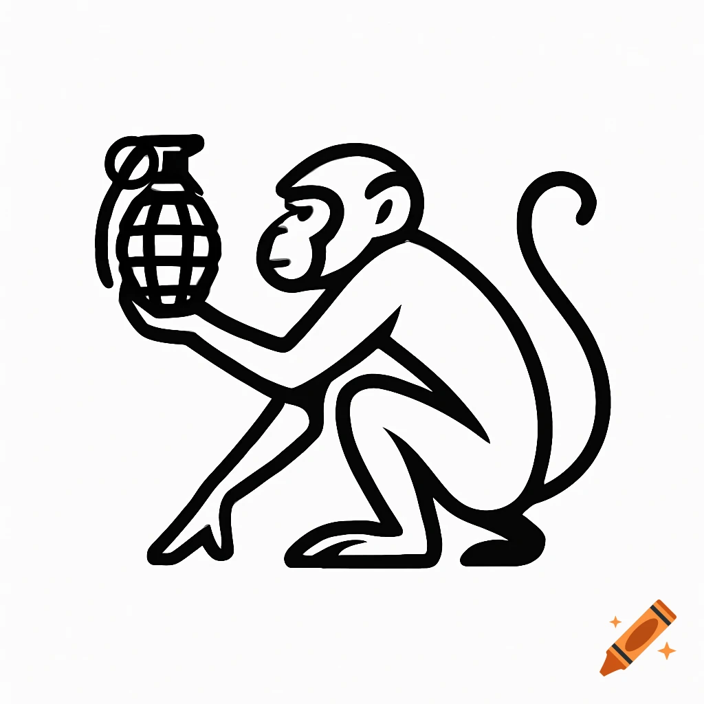 Monochrome outline logo of a squatting monkey holding a grenade.
