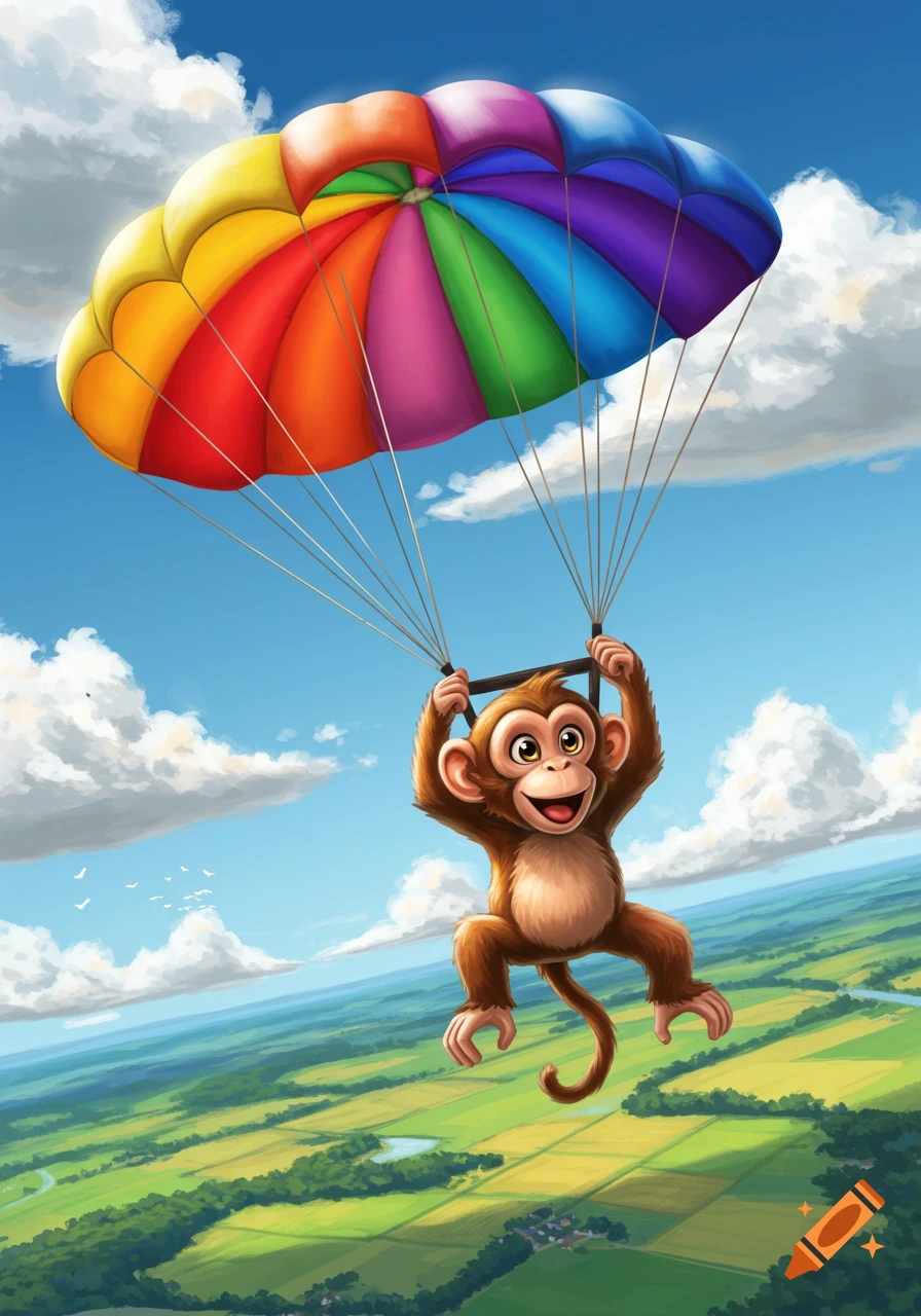 A smiling cartoon monkey parachutes with a colorful rainbow parachute over a green landscape under a blue sky.