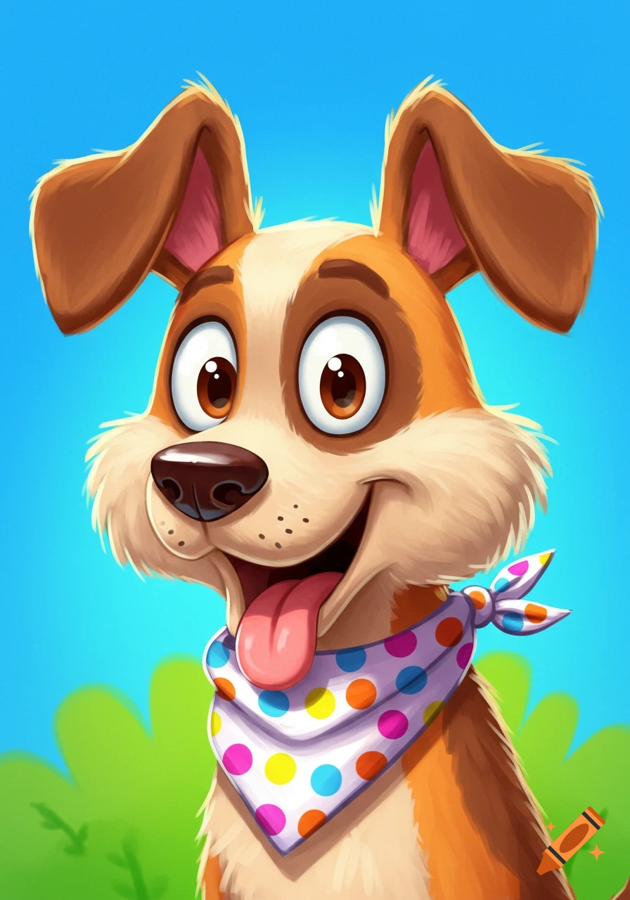 A cheerful cartoon dog with brown and white fur, big eyes, and a polka-dot bandana, smiling with its tongue out against a blue sky.