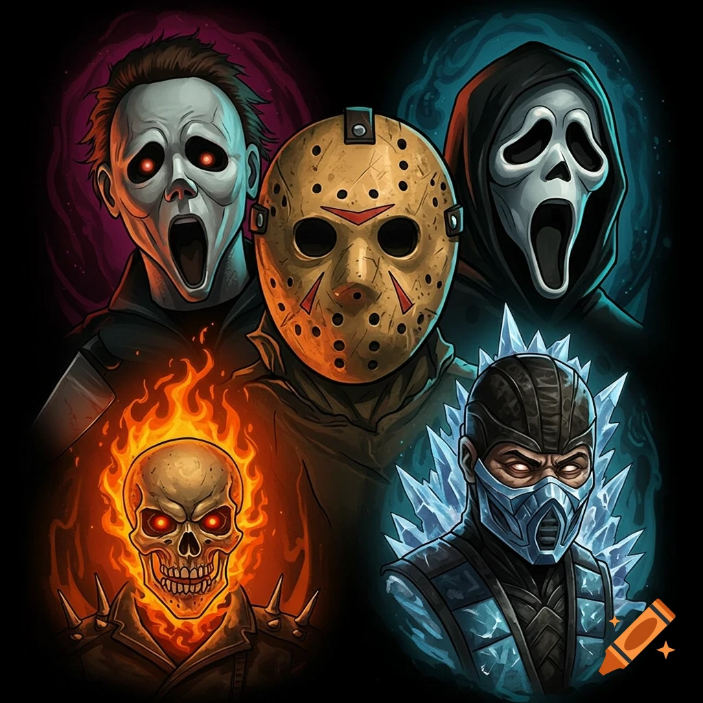 Stylized collage of Michael Myers, Jason Voorhees, Ghostface, Ghost Rider, and Sub-Zero in a Tim Burton-esque art style.