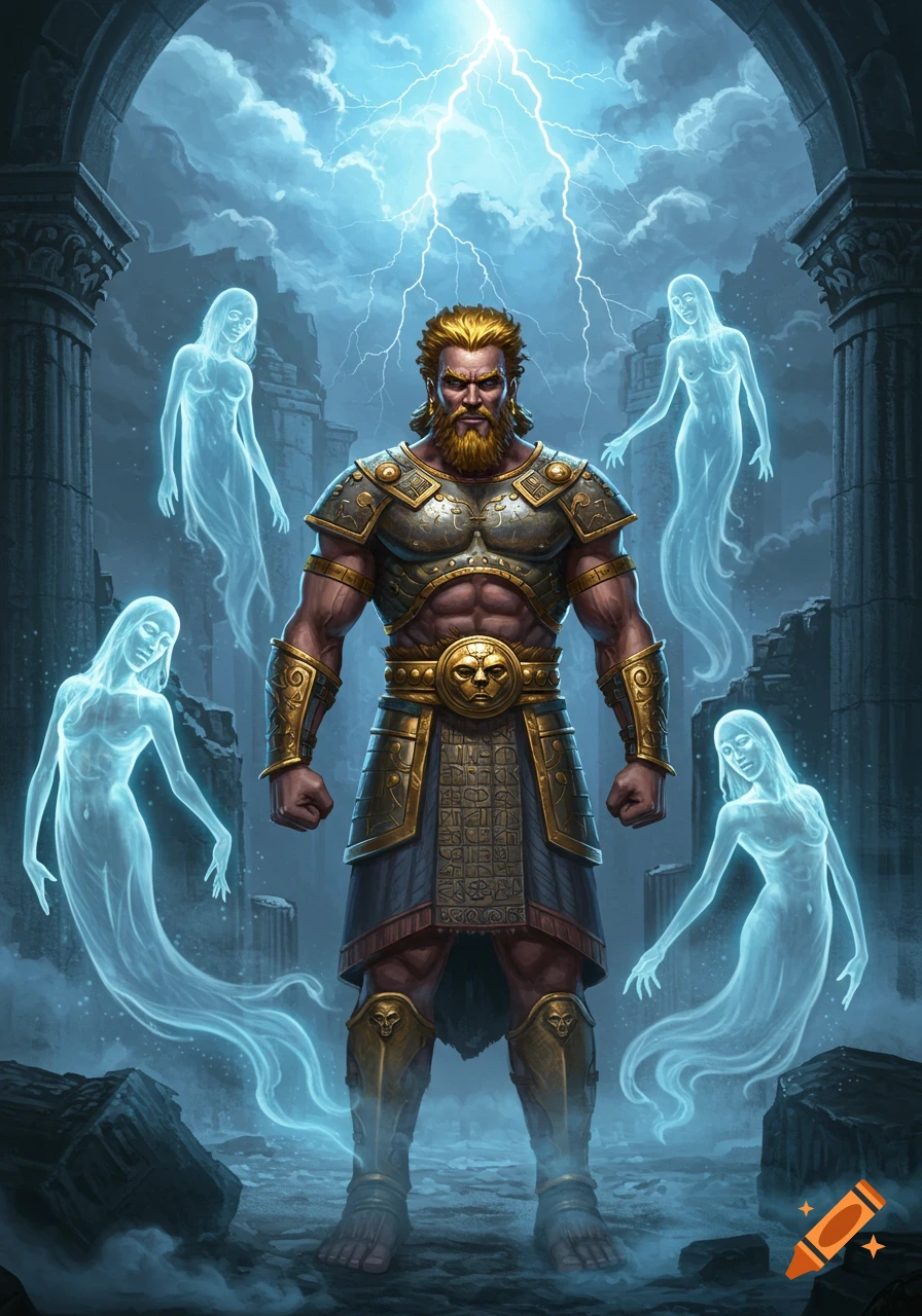 Muscular bearded man in golden armor stands among ruins under lightning, surrounded by glowing female ghosts.