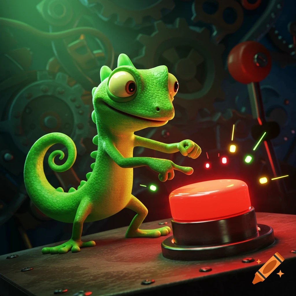 A bright green cartoon lizard with big eyes points at a glowing red button on a metal panel, with gears in the background.