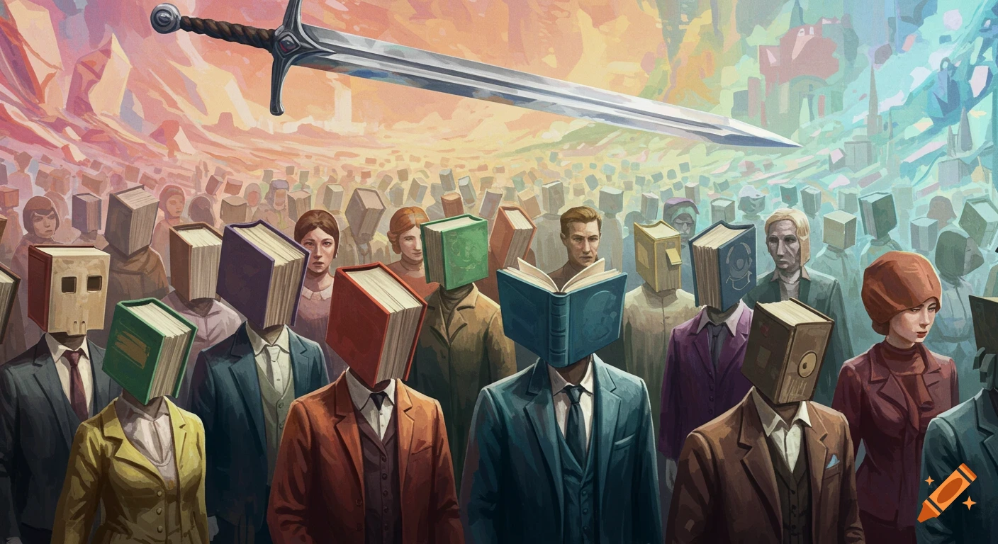 A surreal illustration of a crowd of people, some with books or paper bags for heads, beneath a floating sword.