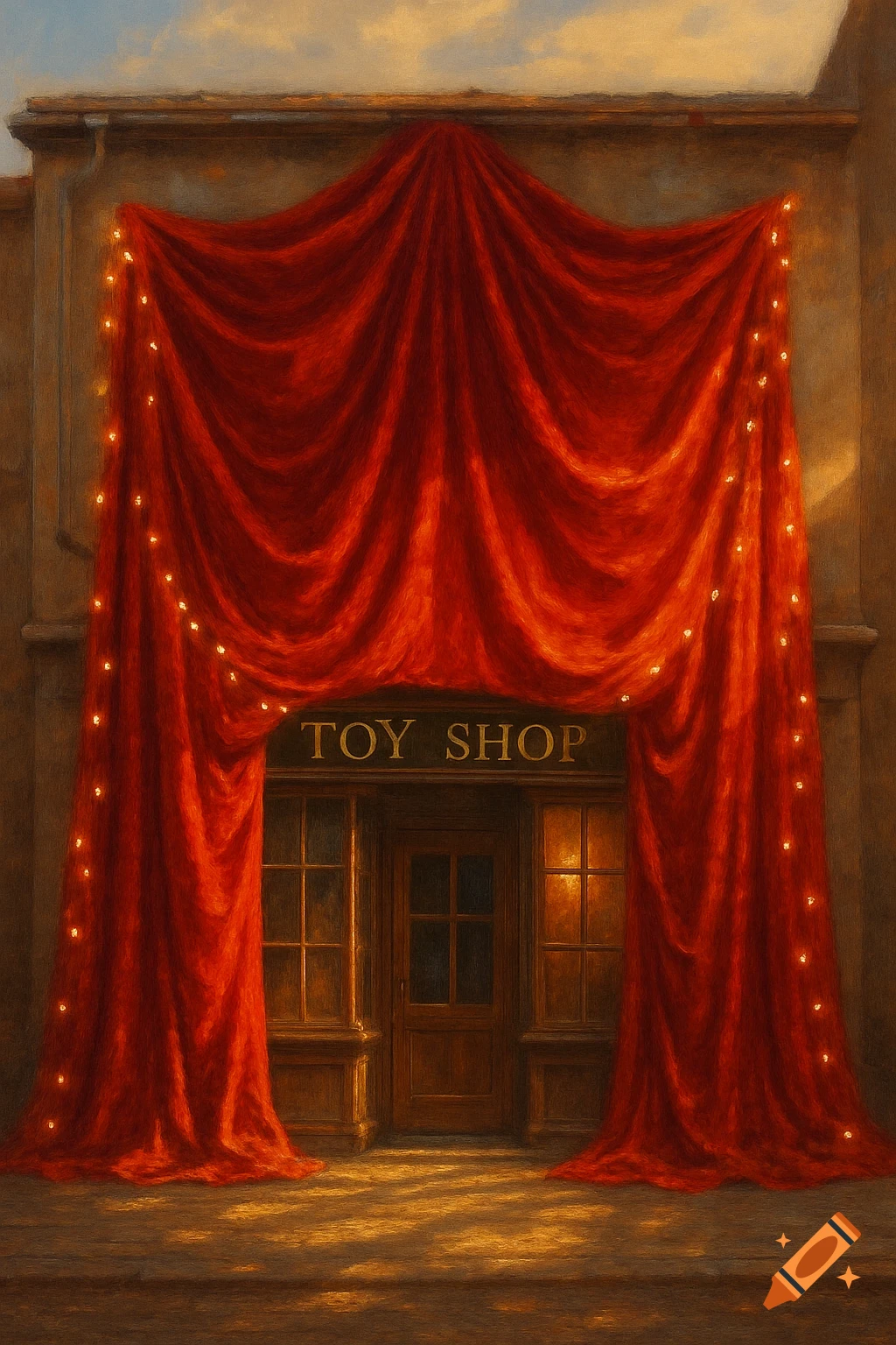 Painterly rendering of a toy shop entrance draped in a large red curtain with fairy lights, under soft sunlight.
