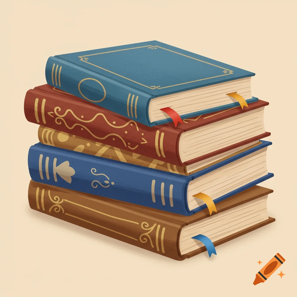 A colorful clipart illustration of five stacked hardcover books with decorative covers and bookmarks.