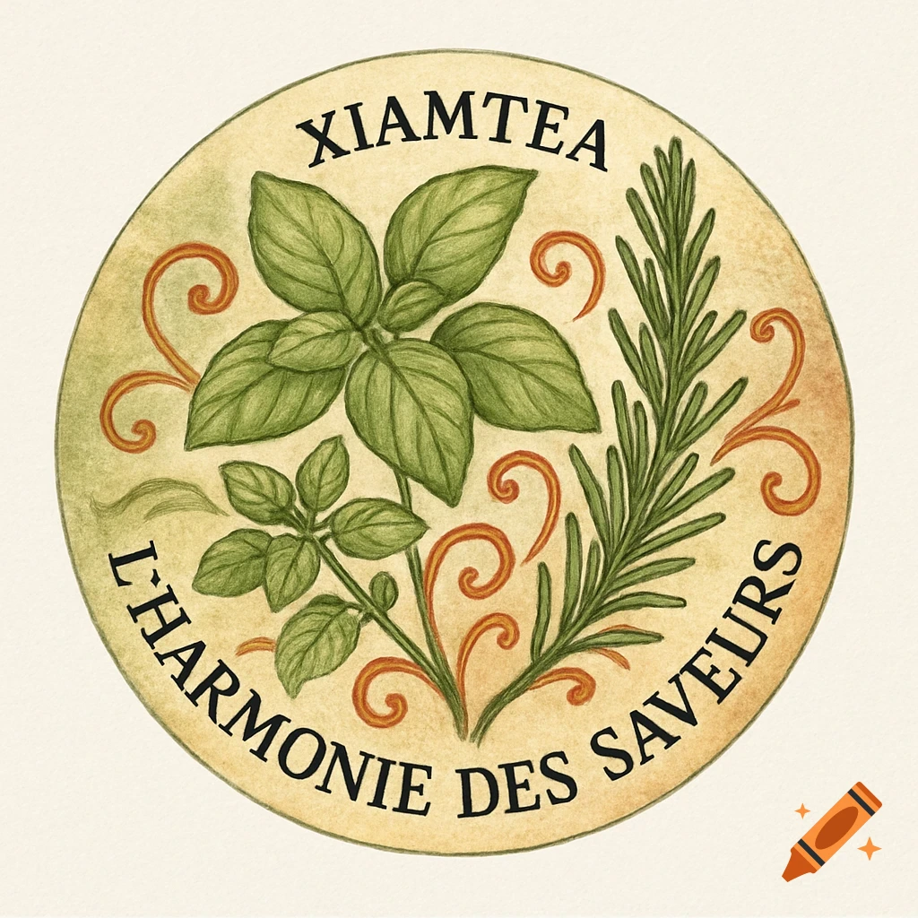 A circular watercolor logo featuring basil and rosemary with swirling orange accents. Text reads 'XIAMTEA L'HARMONIE DES SAVEURS'.