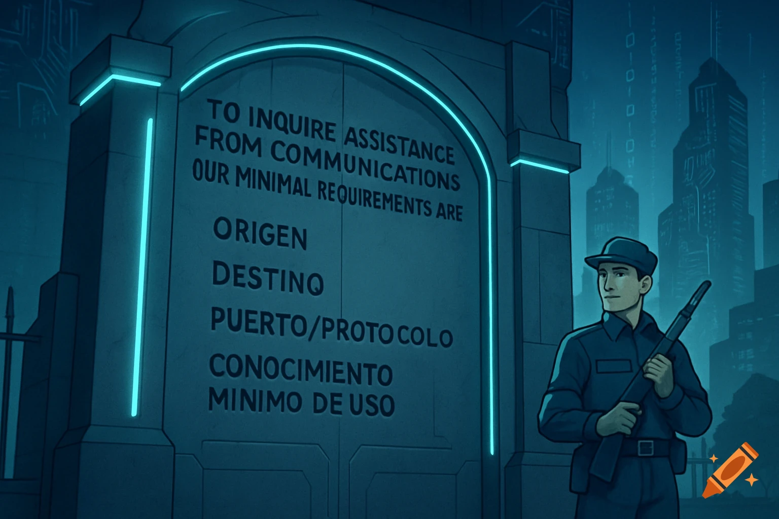 A stylized illustration of a security guard with a rifle standing next to a glowing stone tablet with text in a futuristic city.