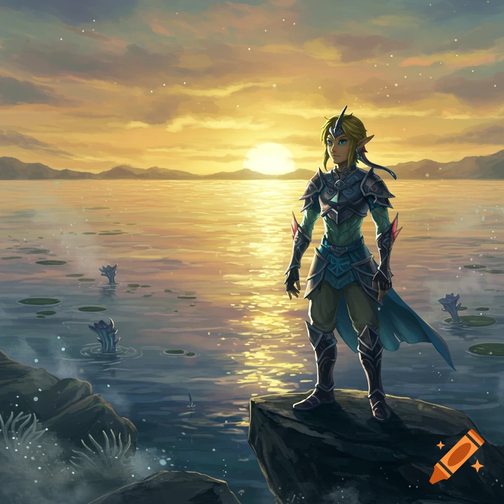 Link in Zora-like armor stands on a rock by a reflective lake during a vibrant sunset, mountains in the distance.