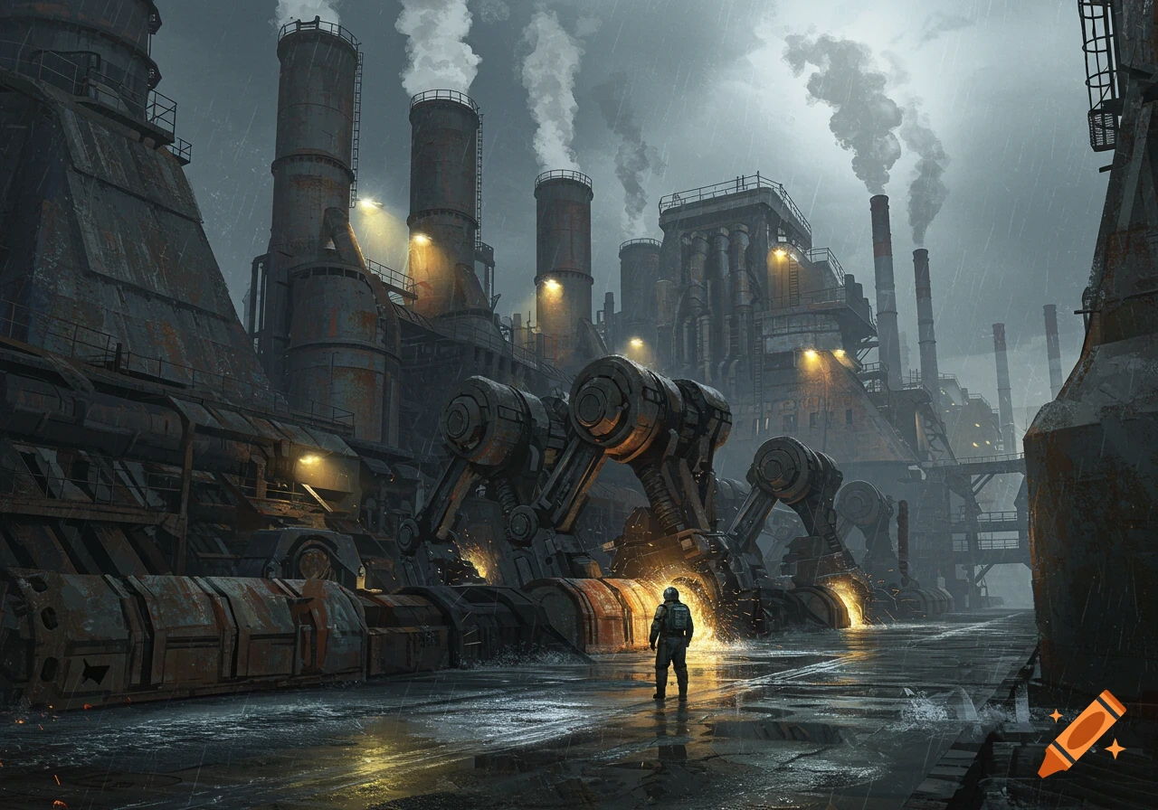 A lone figure stands in a vast, dark, rainy industrial complex with smoking chimneys and large machinery, rendered in a photorealistic style.