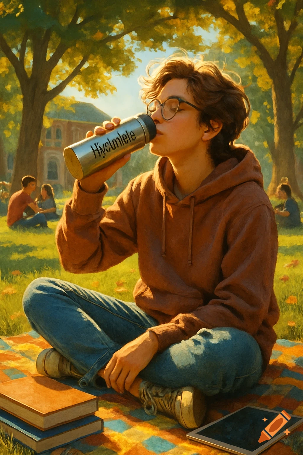 A young college student with glasses sits on a colorful blanket in a sunny park, drinking from a silver tumbler, in a painterly style.