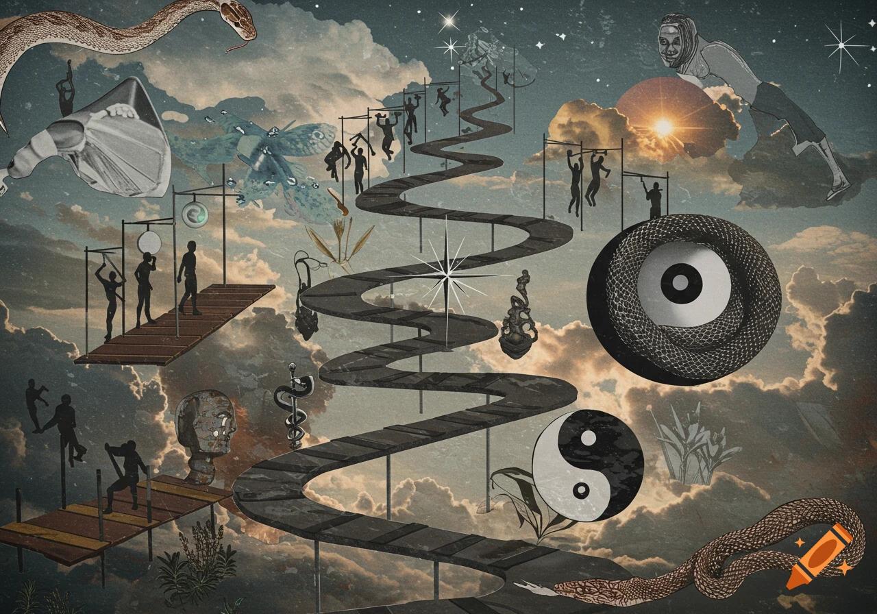 A surreal collage featuring a winding path, silhouetted figures on an obstacle course, snakes, an eye, a yin & yang symbol, and a sun behind clouds, all against a starry sky.