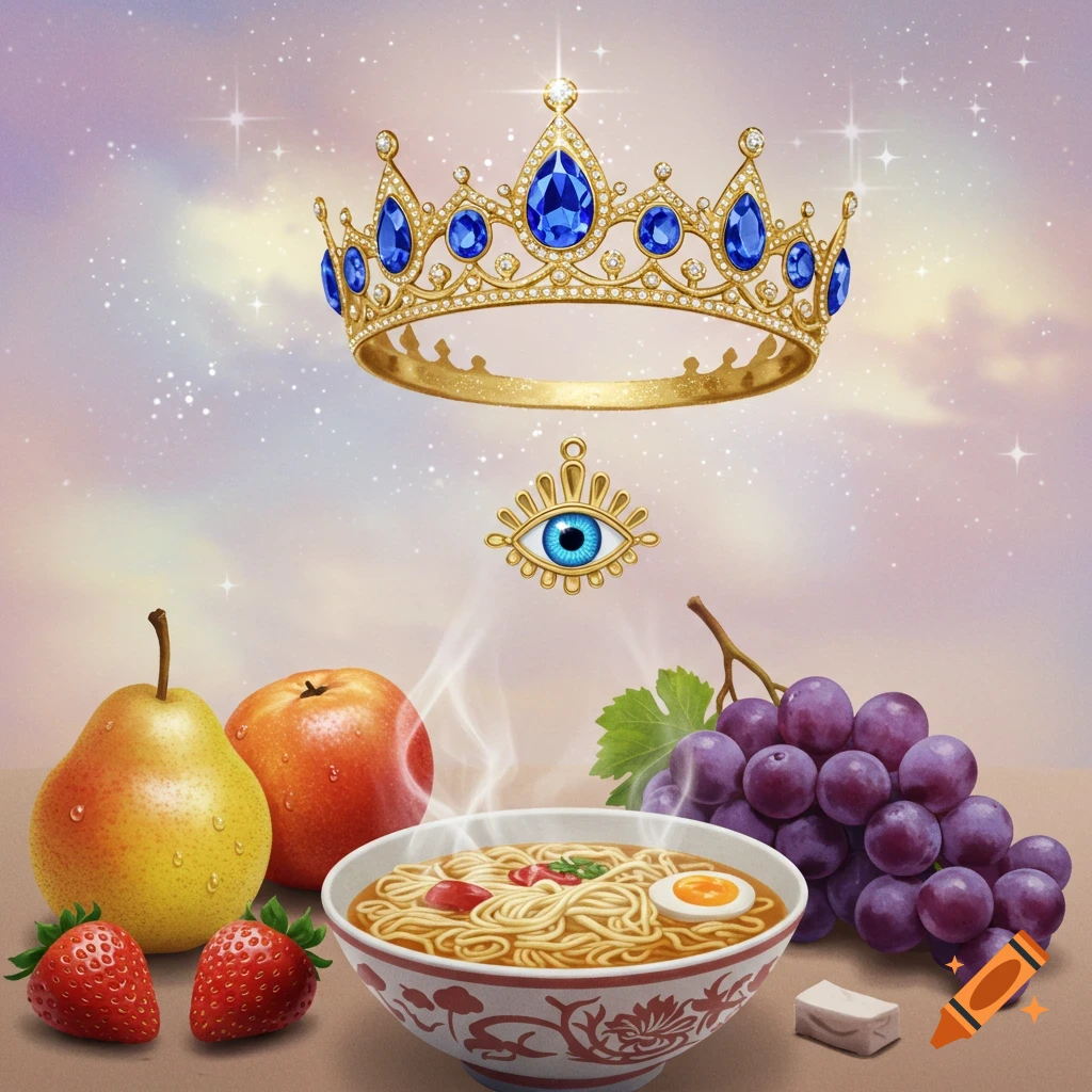 A golden crown and evil eye amulet float above a bowl of steaming ramen, flanked by a pear, apple, strawberries, and grapes, against a pastel starry sky.
