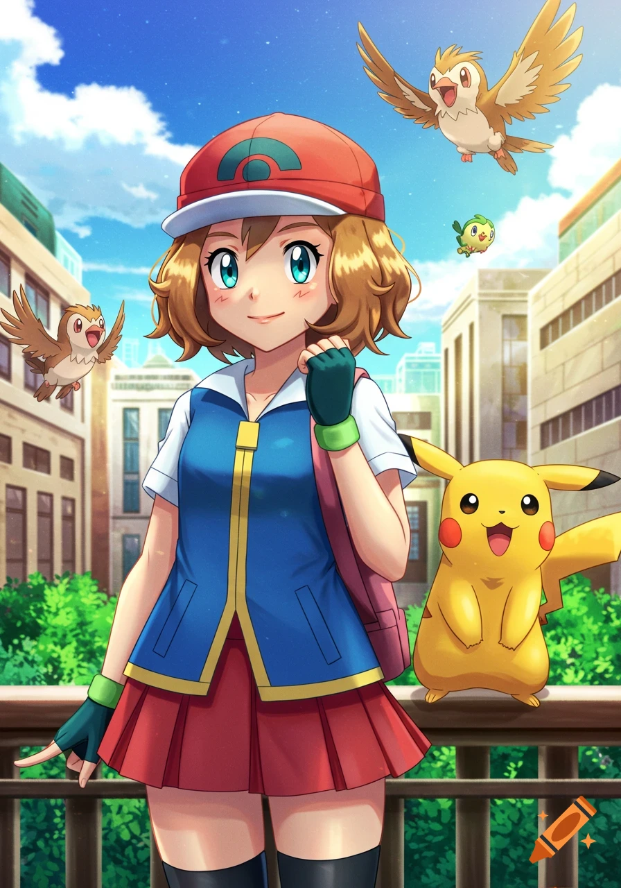 Anime illustration of Pokemon's Serena in Ash's outfit, smiling with Pikachu and other flying Pokemon in an urban park.