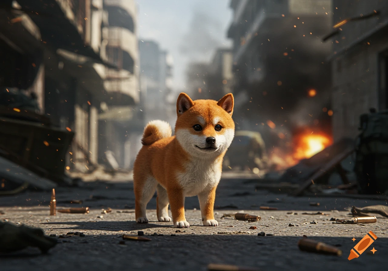 A cute, photorealistic Shiba Inu puppy stands on a debris-filled street in a war-torn city with fires in the background.