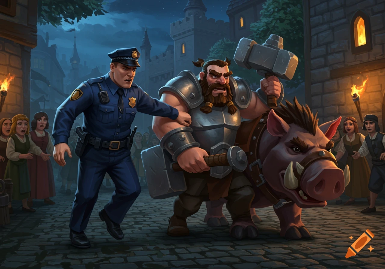 A cartoon police officer attempts to arrest a muscular fantasy warrior riding a giant boar in a medieval town street.