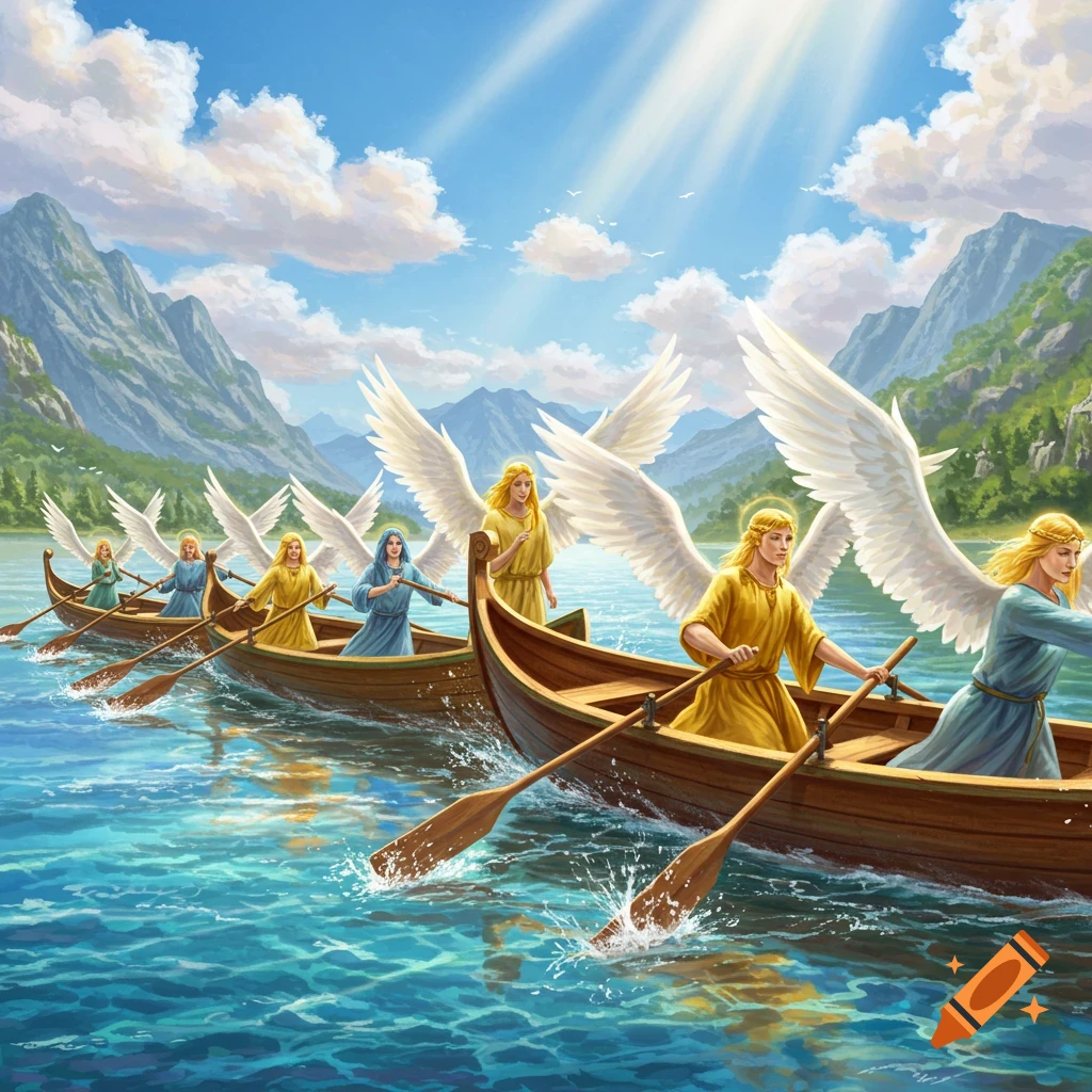 Angelic figures with white wings row wooden boats across a blue lake surrounded by mountains under a sunny sky.