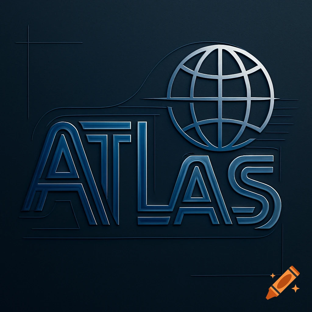 A metallic blue logo for 'ATLAS' with a stylized globe icon above the text, set against a dark textured background.