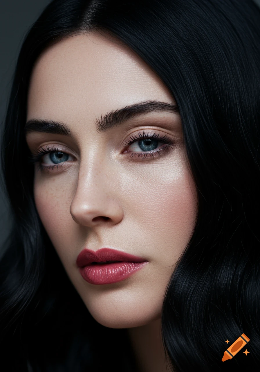 Hyper-photorealistic portrait of a woman with jet black hair, cool blue eyes, and deep rose lips, with a serene expression.