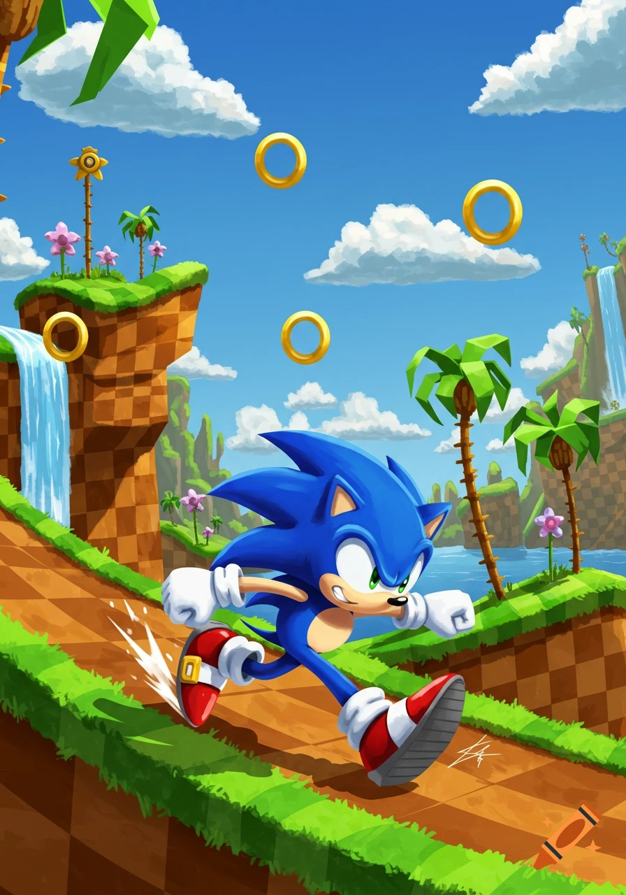Sonic the Hedgehog runs through the iconic Green Hill Zone with checkered paths, waterfalls, palm trees, and golden rings.