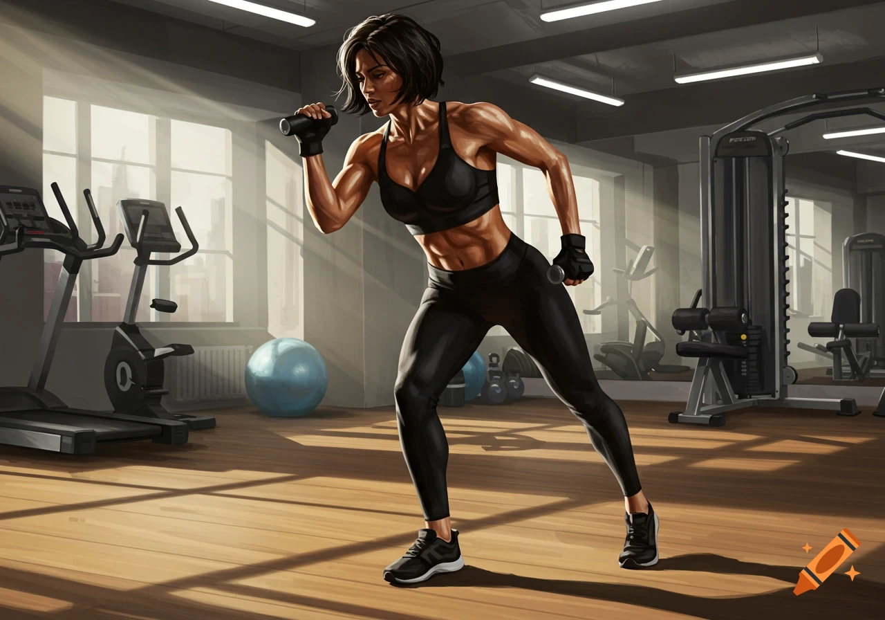 A muscular woman in a sports bra and leggings works out in a gym, digitally illustrated.