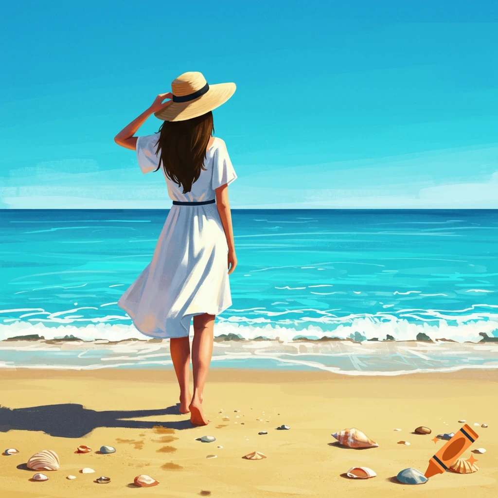 Illustrated view from behind of a woman in a white dress and straw hat walking on a sunny beach towards the blue ocean.
